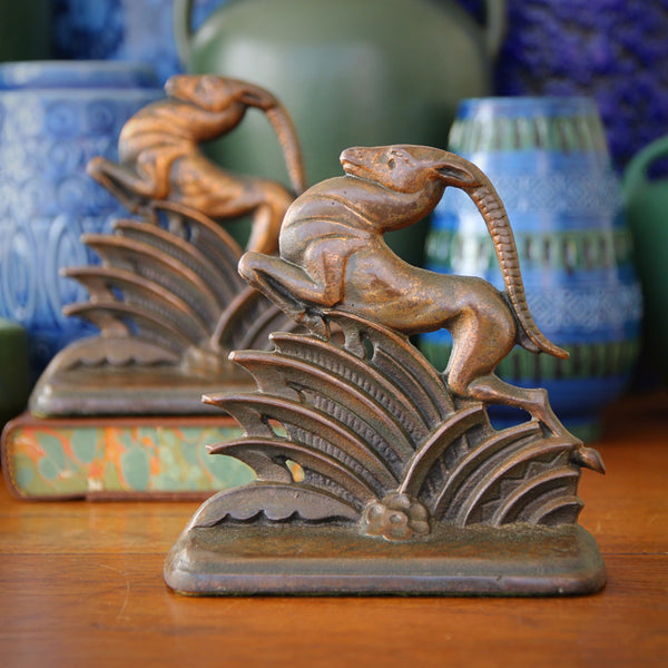 Deco Leaping Gazelle Cast Iron Bookends with Copper Finish by WH