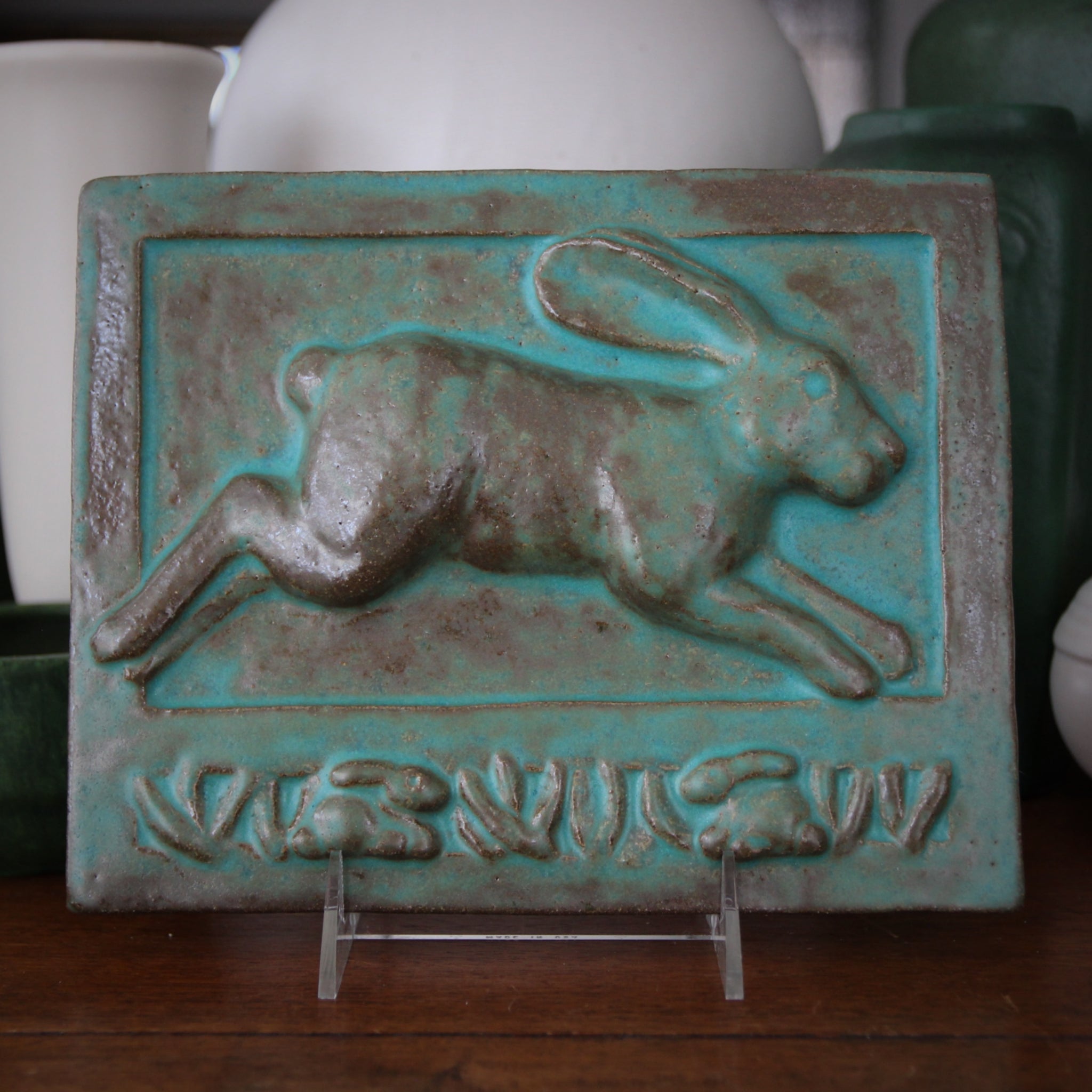 Running Rabbit Ceramic Stoneware Hanging Plaque with Aqua Glaze – LEO ...