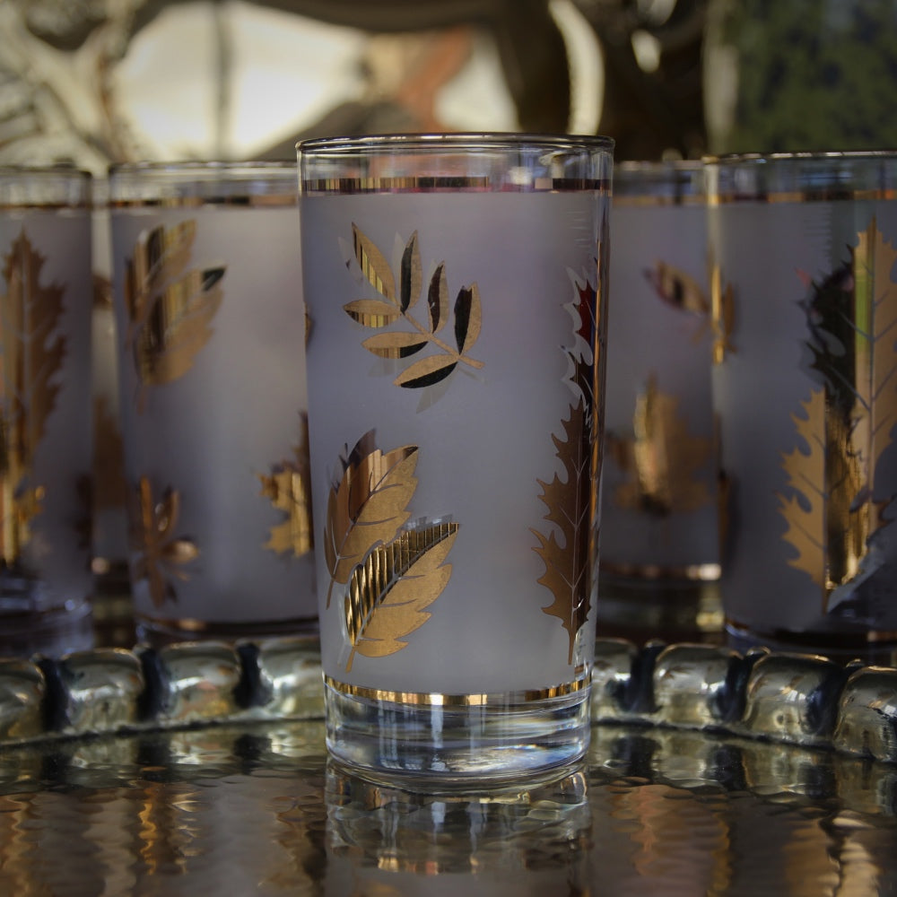 Fall leaf theme DRINKING GLASSES * 12 Gold Leaf Design - Frosted Unique  Gold Rim