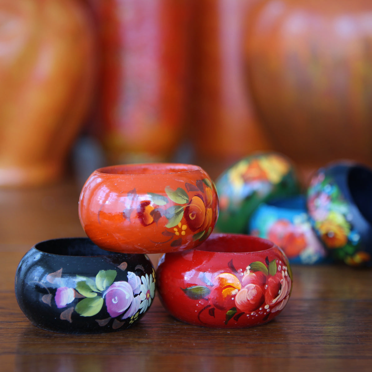 Set of Six Russian Napkin Rings with Hand-Painted Floral